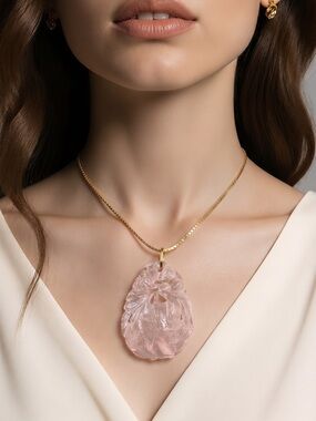 Vintage Rose Quartz Carved Heart Pendant Necklace 14k Gold Chain